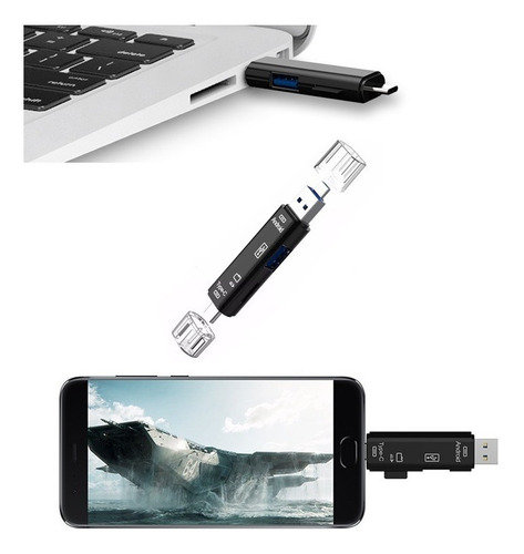 Lector Tarjetas Multifunción Otg Usb Tipo C Micro Sd 5 En 1 Color Negro