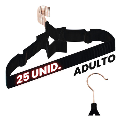 Kit 25 Cabides Veludo Preto Gancho Rose Slim Formato Estrela