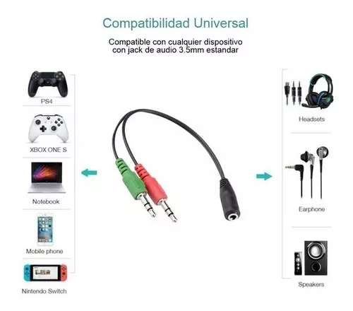 CABLE AUDIO ADAPTADOR 3.5 2 MACHOS SPEAKER Y MICROFONO A 1 HEMBRA 3.5. -  Complus