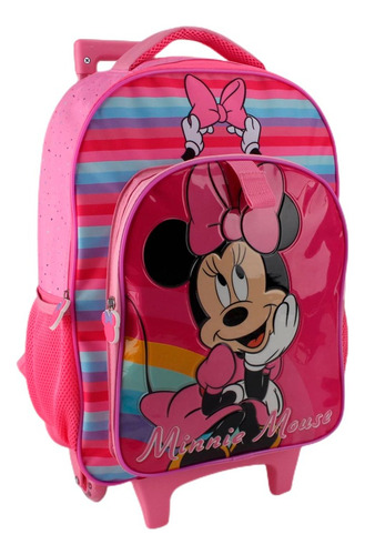 Mochila De Ruedas Minnie Mouse Con Lonchera Y Botella -intek Color Rosa Diseño De La Tela Liso