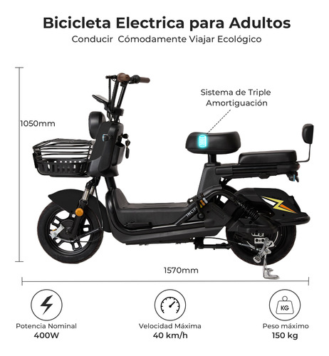 Bicicleta Eléctrica Motor 400w 20ah V6 40km/h Con 2 Asientos