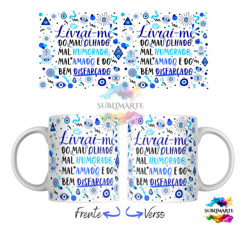 Caneca Olho Grego Frases Proteção Energia Livrai-me Do Mau