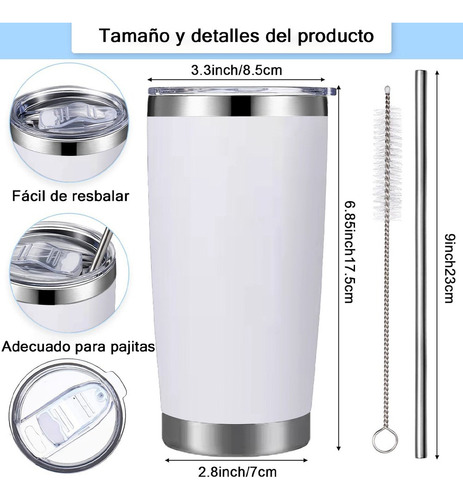 Vaso Térmico De 20oz Acero Inoxidable Con Popote Y Cepillo