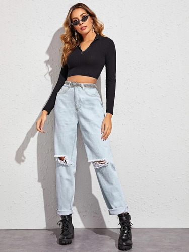 Denim Mom Jeans Tiro Alto Desgastado Moda Mujer 