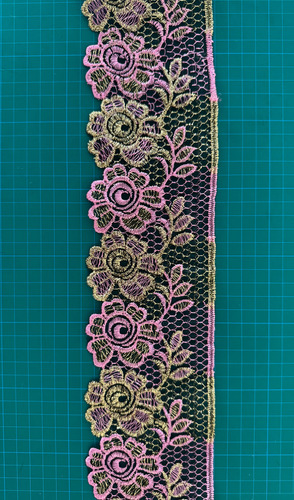 Tira Bordada En Organza 10cm X 9mts Mod 1361 Varios Colores Rosa Con Dorado