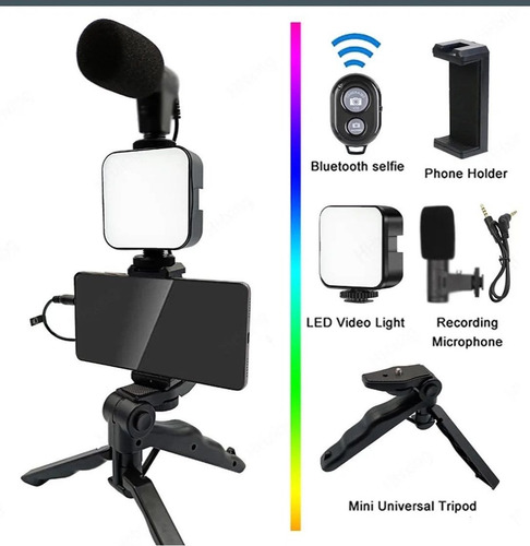 Kit Para Videos Streaming Trípode Luz Led Micrófono Soporte