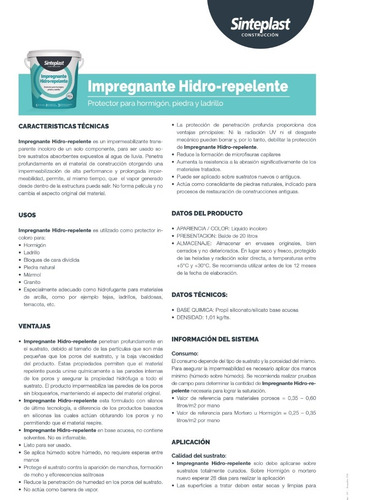 Imagen 2 de 4 de Impregnante Sinteplast Protector Hidro Repelente 4kg