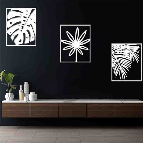 Quadro Decorativo Trio Folhas Vazadas Mdf 3mm Cor da armação Branco