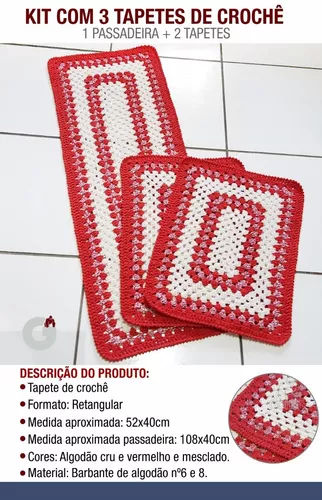 Jogo de cozinha de crochê com 3 peças. cru com detalhes em vermelho em  Promoção na Americanas