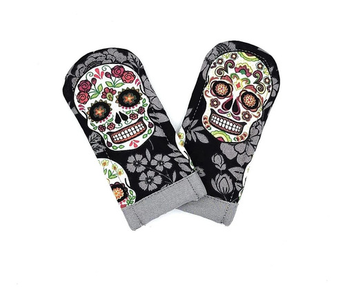 Sugar Skull Themed Pot Handle Holder Set Of 2 Pair Cast Iron