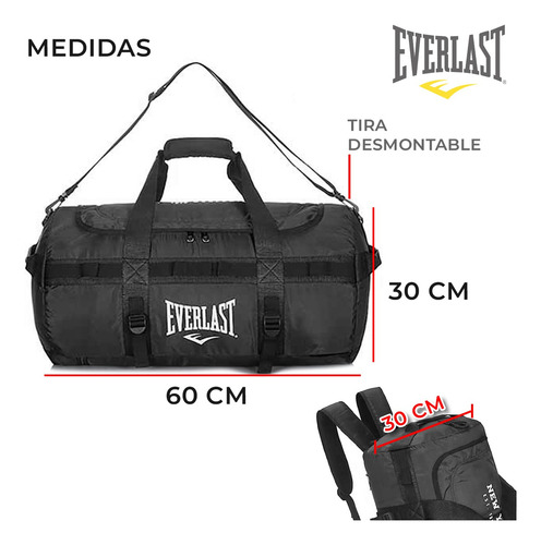 Imagen 2 de 10 de Bolso Mochila Viaje Deportivo Tiras Reforzadas Gym Everlast
