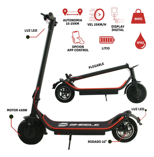 Imagen 2 de 10 de Monopatín Eléctrico Wheele Smart Power 450w +app