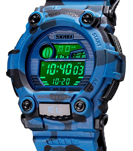 Reloj Hombre Skmei 1635 Digital Alarma Cronometro Color De La Malla Azul Camuflaje Color Del Fondo Blanco