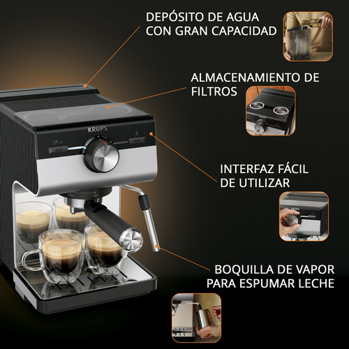 Cafetera Máquina de Espresso Krups Calienta en 40s, 15 Bares de Presión, Espumador de Leche y Filtros de Acero Inoxidable XP384EU0