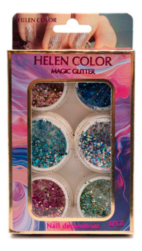 Kit 6 Magic Glitters Mix Helen Color Unhas Gel Design,,