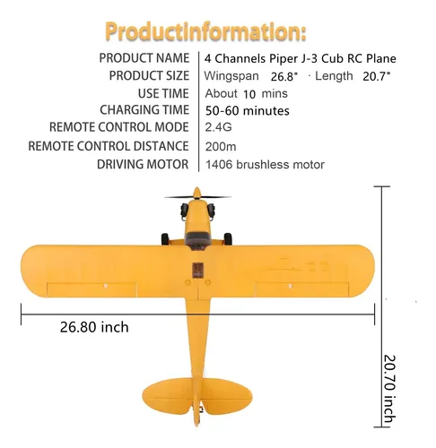 Lbkr Tech Avion De Control Remoto De 4 Canales, Piper J-3 Cu