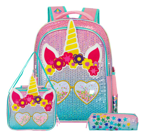 Kit Mochila + Cartuchera + Lunchera T-go Lonchera Escolar Para Nena Unicornio Con Lentejuelas Niñas