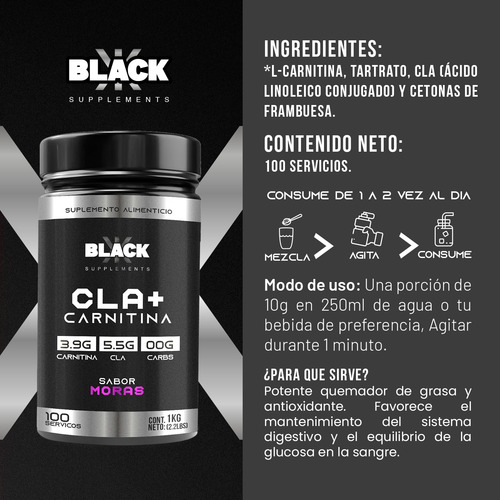 Black Supplements Cla + Carnitina 1kg 100servs Moras