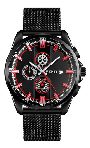 Relógio masculino Skmei 9181 em aço, couro ecológico, cronógrafo, cor de malha, preto, aço, cor de fundo, vermelho
