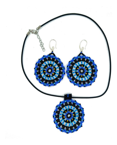 Collares Para Mujer Cuero + Aretes Conjunto Mandala Azul