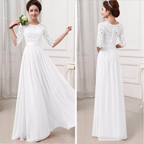 Vestido Chiffon Encaje Elegante Fiesta Cocktail Blanco //