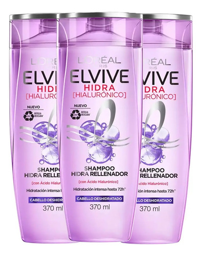 Shampoo Elvive Hidra Hialurónico 370ml Pack X3 - Loreal