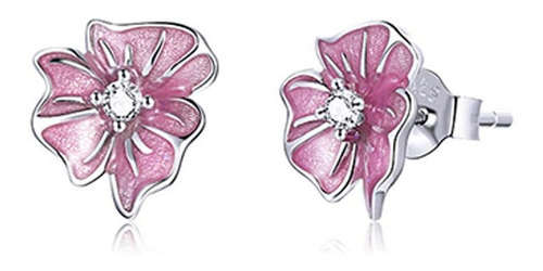 Joya De Plata S 925 Aros Diseño Flor De Color Rosa Esmaltado