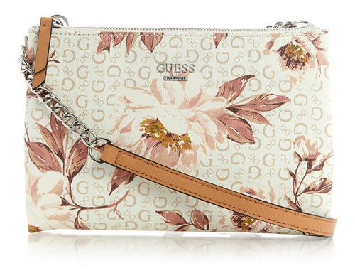 Bolsa Guess Mini Double Zip Crossbdy Acabado de los herrajes Niquel Color Blanco Diseño de la tela Floreado