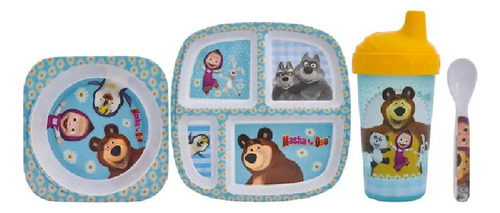 Vajilla 4 Pzas Masha Y El Oso Plato Con Divisiones Melanina Color Blanco