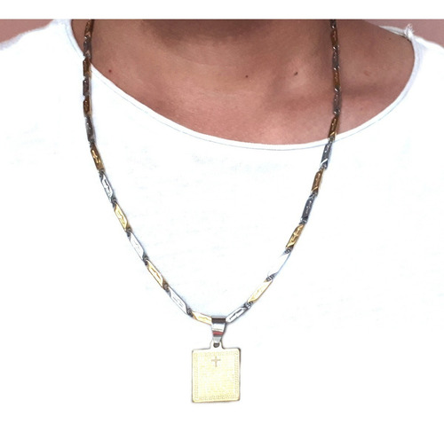 Pingente Placa Pai Nosso+ Cordão Espelhado Aço Prata Dourado
