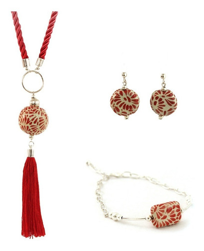 Kit Collar, Pulsera Y Arete Infinito. Alonso Luis Atala. Color Rojo Chico