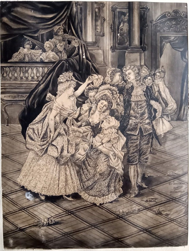 Antiguo Dibujo Original Tinta Firmado 1898 Cortesana 24x32cm (Usado)