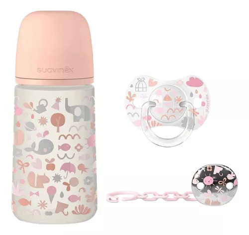 Set Biberon 9oz/270ml +chupon 0-6m +clip Memories Suavinex Color Rosa Set  Memories 0-6 Meses