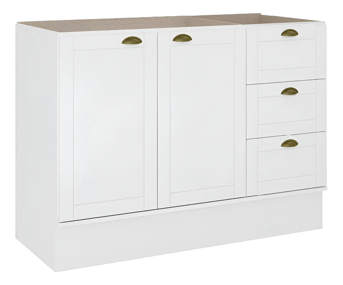 Balcão Gabinete De Pia Mdf Bella 2 Portas 3 Gav Branco 120cm