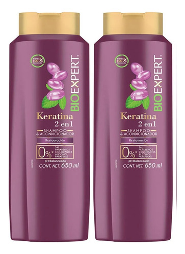 2 Shampoo Bioexpert Keratina 2 En 1 Restauración 650ml