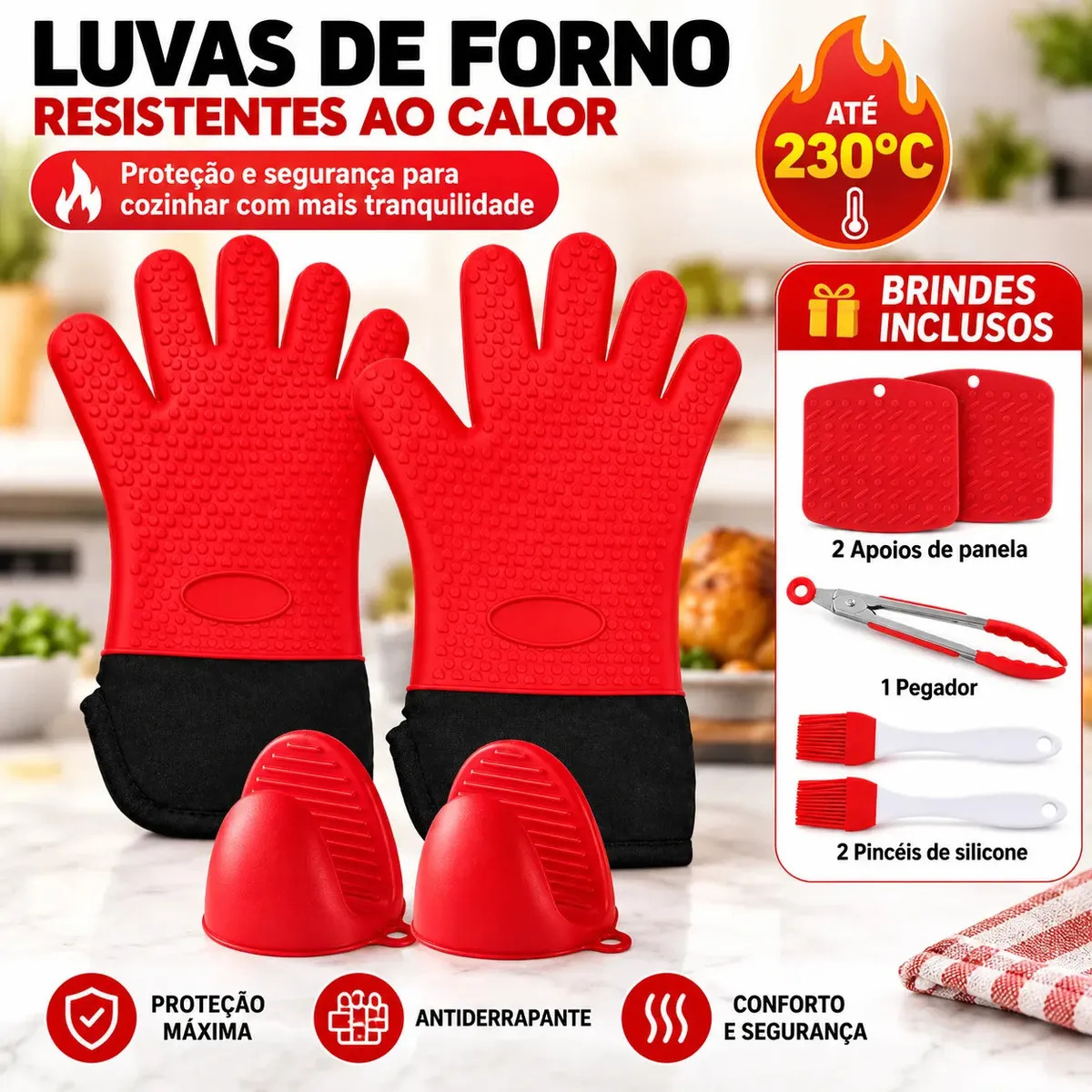 Kit 9 Par De Luva Termica Cozinha Silicone Forradas Forno Pegador De Panela Para Churrasco Utensílios Pegar Assados Com Pinça De Inox Pincel Culinário E Altas…