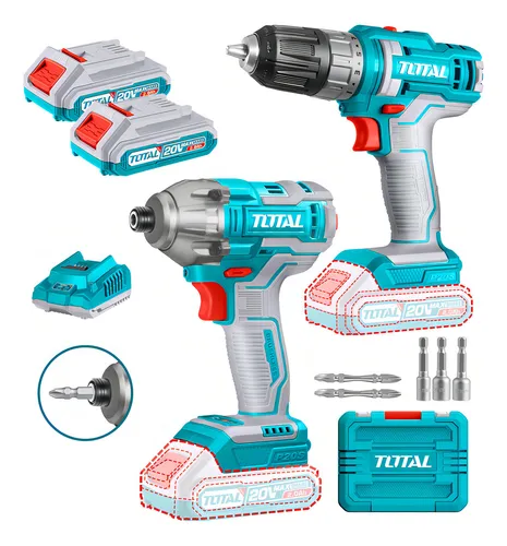 Kit Inalámbrico Total 20v: Atornillador De Impacto 1/4'' Motor Sin Carbones 170NM + Atornillador 10mm 45NM - Con 2 Baterías 2.0Ah Litio-Ion, Cargador, Maletín, Dados Y Puntas - TOSLI230708