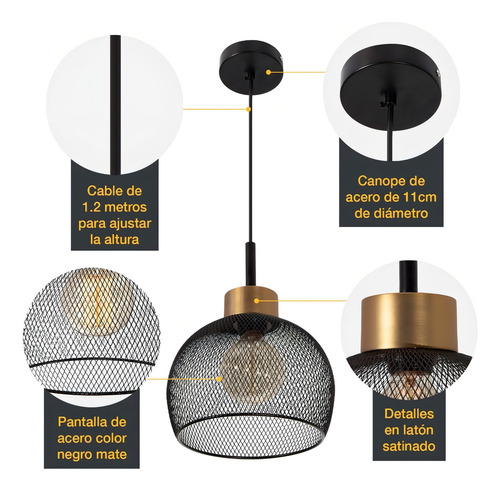 Lámpara Colgante Negro Dorado 60w E27 1luz Color Negromateycobre