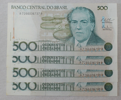4 Cédulas De 500 Cruzados Sequenciais De 1987 - Fe (Usado)