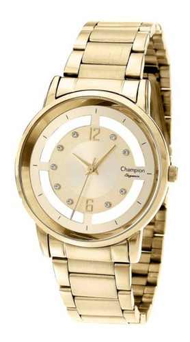 Relógio Feminino Dourado Champion Com Pedras Transparente+nf