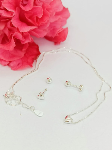 Imagen 6 de 10 de Set Conjunto Aros Seguridad Plata Baño De Oro Cadena Corazon