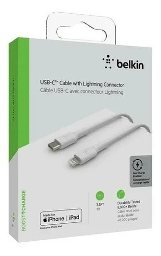 Cable Belkin Compatible Con iPhone iPad Lightning A Usb C 1m