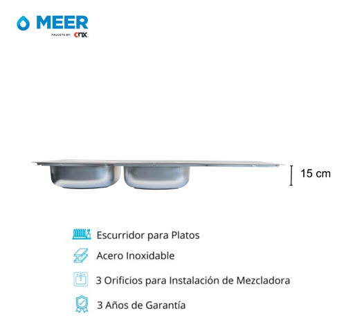 Meer Fregadero Doble Para Cocina Con Escurridero Acero Inox.