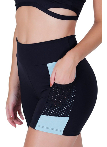 Short Poliamida Preto, Bolso Tela Detalhe Na Cor Aquático