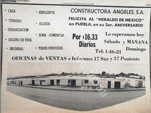 Cartel Vintage Constructora Angeles S.a , Puebla 1969 /597