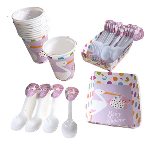 Kit Vasos+platos+cubiertos 24niños  Baby Shower Lila Cigueñ