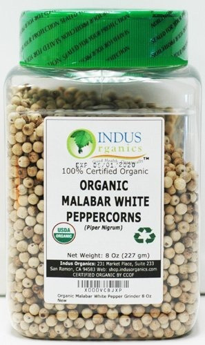 Indo Organics Malabar Blancos Granos De Pimienta, 8 Oz Jar, 