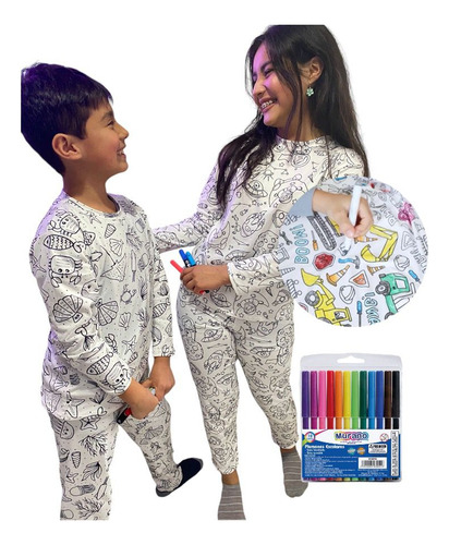 Pijama Niño Niña Para Pintar Colorear + Plumones Navidad Reg