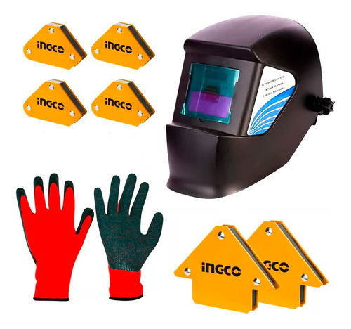 Casco Careta De Soldar + Escuadras Magnética Ingco +guantes