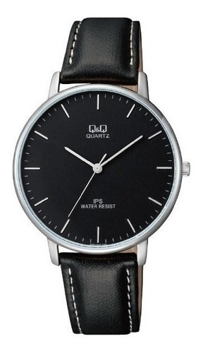 Relógio de pulseira Q&Q QZ00J302Y com corpo prateado, para homens, fundo preto, com pulseira de couro preta, moldura prateada